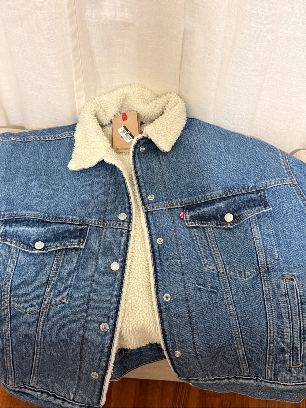 Levi's Blue Denim Sherpa-Lined Jacket with Cream Collar- never worn.